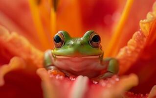 ai gerado fechar acima foto do uma verde rã emergente a partir de vibrante laranja flor pétalas