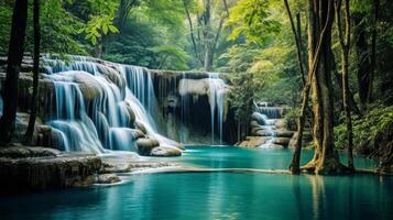 ai gerado encantador cascata dentro exuberante tropical floresta foto