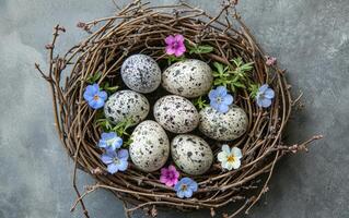 ai gerado tradicional ninho com floral motivo ovo decoração foto