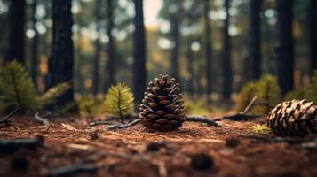 ai gerado pinho cone no meio floresta chão dentro luz solar foto