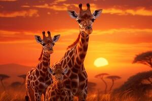 ai gerado uma grupo do girafas dentro a africano savana contra a pano de fundo do uma lindo pôr do sol foto
