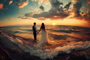 ai gerado Casamento casal em a de praia às pôr do sol. noiva e noivo foto