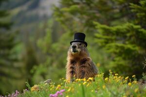 ai gerado marmota em a Colina dentro uma Preto topo chapéu, marmota dia foto