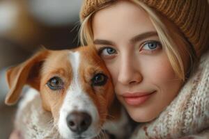 ai gerado retrato do lindo jovem mulher com cachorro dentro caloroso roupas foto