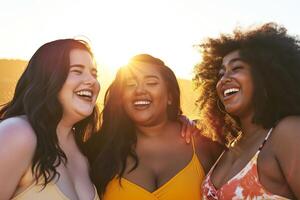 ai gerado retrato do três sorridente roliço mulheres do diferente nacionalidades dentro maiôs, corpo positividade conceito foto