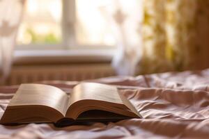 ai gerado a aberto livro mentiras em a cama contra a fundo do a janela foto