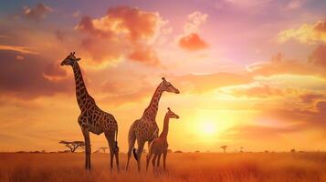 ai gerado uma grupo do girafas dentro a africano savana contra a pano de fundo do uma lindo pôr do sol foto