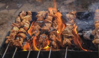 shish Kebab em a grade com chamas e fumaça. foto