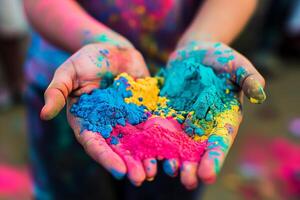 ai gerado mãos, Palmeiras do pessoas coberto com colorida tintas às a piedosos festival do Índia foto