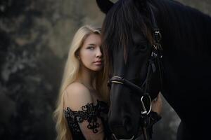 ai gerado lindo Loiras abraços dela cavalo de a focinho foto
