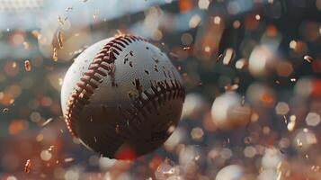 ai gerado branco couro beisebol em arremessador monte dentro estádio foto