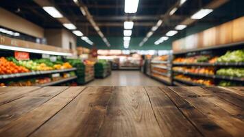 esvaziar de madeira mesa com lindo supermercado fundo, fotorrealista foto