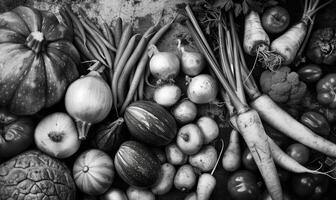 ai gerado ainda vida com legumes em uma rústico fundo. Preto e branco. foto