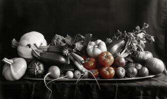 ai gerado composição com variedade do cru legumes. Preto e branco imagem. foto