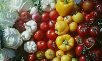 ai gerado legumes fundo. tomates, pimentas, cebolas e alho foto