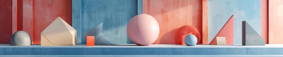 ai gerado contemporâneo arte exibição com texturizado esferas e metálico acentos dentro luz solar. foto