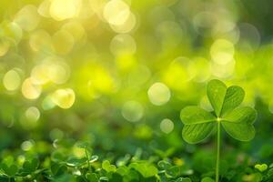 ai gerado trevo folha com verde bokeh fundo para st patricks dia foto