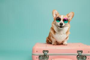 ai gerado corgi cachorro vestindo holográfico oculos de sol sentado em topo do pastel Rosa moderno mala, viagem conceito foto