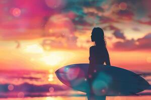 ai gerado silhueta do surfista mulher às pôr do sol com ai gerado. foto