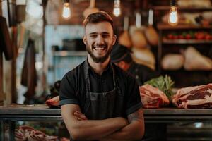 ai gerado amigáveis açougueiro sorridente às carne contador. foto