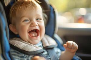 ai gerado feliz criança pequena dentro carro segurança assento. foto