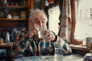 ai gerado Senior homem sorridente enquanto bebendo água com ai gerado. foto