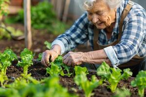 ai gerado idosos mulher cuidando para dela vegetal jardim com ai gerado. foto