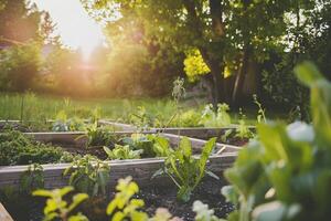 ai gerado iluminado pelo sol elevado jardim camas com fresco legumes com ai gerado. foto