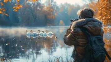 ai gerado pessoa levando cenário do cisnes dentro água foto