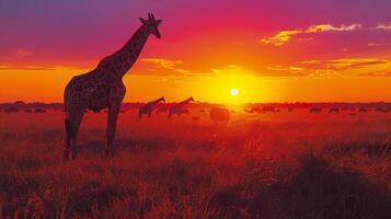 ai gerado dois girafas em pé dentro campo às pôr do sol foto