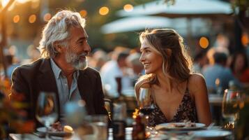 ai gerado homem e mulher sentado às mesa com vidro do vinho foto