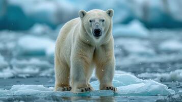 ai gerado polar Urso em pé em gelo coberto de praia foto