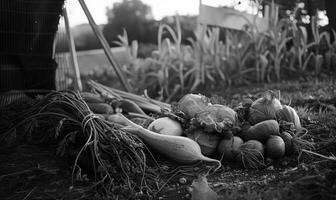 ai gerado colheita legumes. Preto e branco foto. topo visualizar. foto