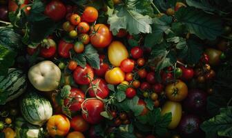 ai gerado legumes e frutas Como muito agradável natural fundo, suave foco, topo Visão foto