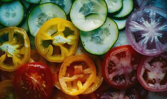 ai gerado colorida tomates e pepinos topo Visão foto