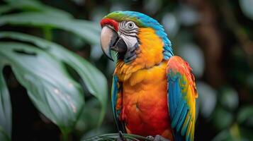 ai gerado colorida papagaio empoleirado em árvore ramo foto