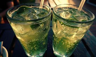 ai gerado refrescante verde limonada com gelo dentro uma vidro em uma de madeira mesa foto