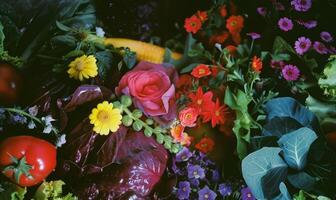 ai gerado colorida flores e legumes dentro a mercado, fechar-se do foto