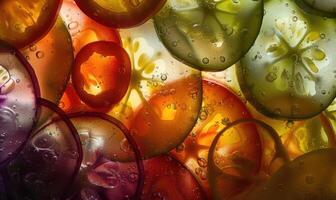 ai gerado colorida fatias do fresco tomates e pepinos com água gotas fechar acima foto