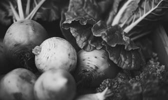 ai gerado Preto e branco foto do fresco orgânico vegetais, fechar-se.