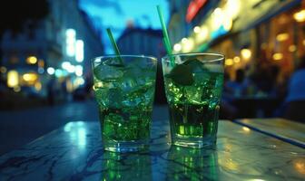 ai gerado refrescante verde limonada com gelo dentro uma vidro em uma de madeira mesa foto