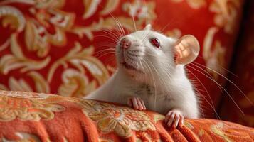 ai gerado branco rato sentado em topo do vermelho sofá foto