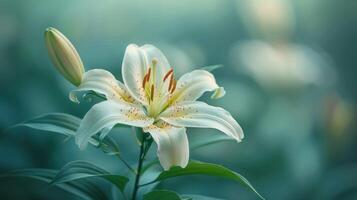 ai gerado fechar acima do branco flor com verde folhas foto