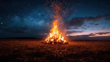 ai gerado fogueira queimando brilhante dentro aberto campo às noite foto