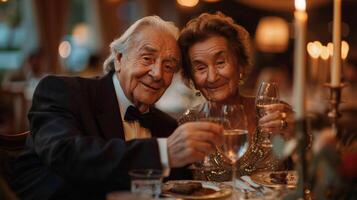 ai gerado casal sentado às mesa com vinho óculos foto