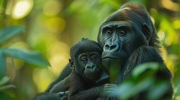 ai gerado mãe gorila e bebê dentro selva foto