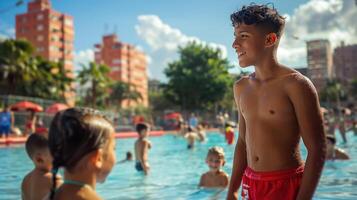 ai gerado jovem Garoto em pé Próximo para natação piscina foto