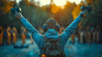 ai gerado mulher levantando mãos dentro a ar foto