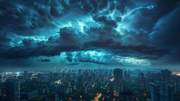 ai gerado Aproximando tempestade sobre cidade às noite foto