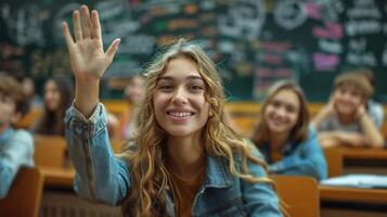 ai gerado Sala de aula cheio do crianças levantando seus mãos foto